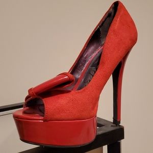 Material Girl Red Platform Peep Toe Bow Heels